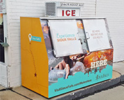 An ice box wrapped in an ad