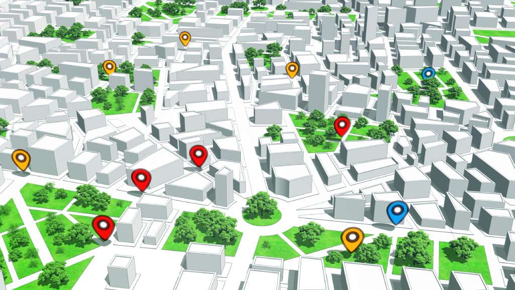 Geotargeting, Map GPS Localization. Pin Navigation Icons on the City Map. 3D Illustration.