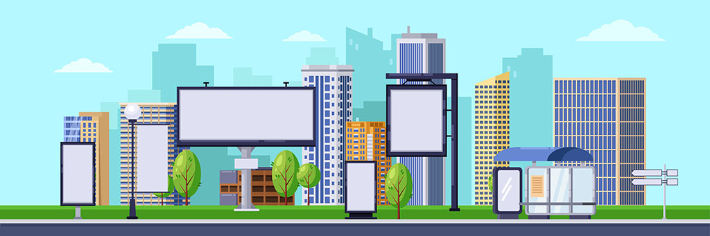 City advertising illustration. Vector background. Cityscape with white blank digital billboards and banners.