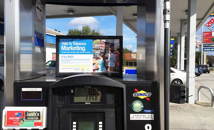 Anti-tobacco marketing PSA advertisement on a gas pump