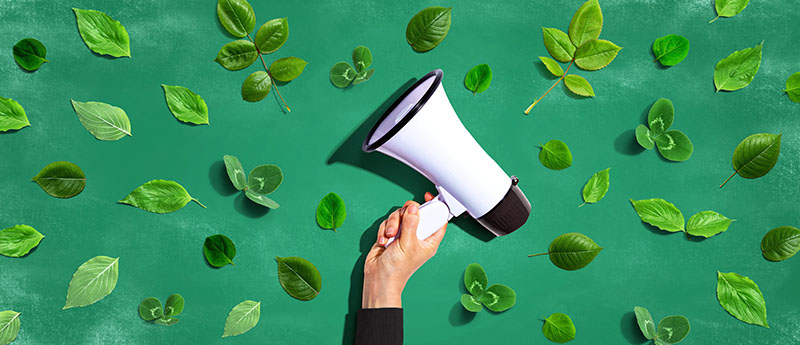 A megaphone surrounded by greenery